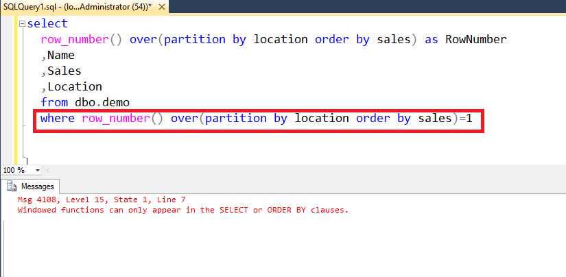 Windowed functions can only appear in the SELECT or ORDER BY clauses.
